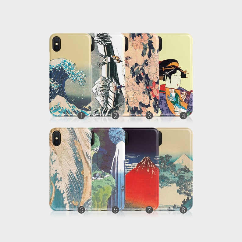 May include: Eight phone cases with Japanese art prints. The designs include a wave, a geisha, and floral patterns. The cases are in various colors, including blue, beige, and red. The cases are displayed on a white background.
