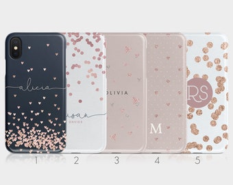 Personalisierte Initialen Custom Hard Phone Case Polka Dots Herz Roségold Monogramm für iPhone 15 14 13 12 5 SE 6 6s 8 Xs Xr Samsung S20 S10