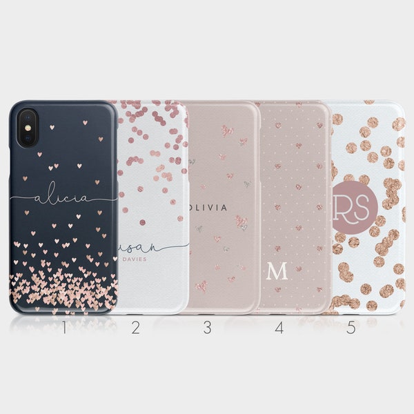 Personalisierte Initialen Custom Hard Phone Case Polka Dots Herz Roségold Monogramm für iPhone 15 14 13 12 5 SE 6 6s 8 Xs Xr Samsung S20 S10