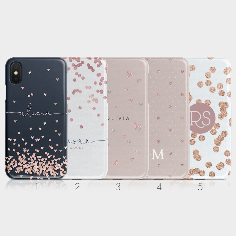 Personalised Initials Custom Hard Phone Case Polka Dots Rain Heart Rose Gold Monogram iPhone 12 5 5s SE 6 6s 7&8+ X Xs Xr Samsung Motorola 