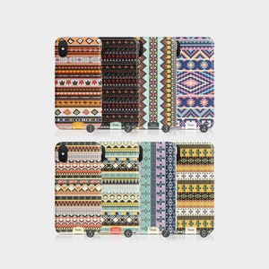 May include: Eight different phone cases featuring colourful geometric patterns. The patterns are inspired by Native American designs and feature a variety of colours, including red, blue, green, yellow, and black.