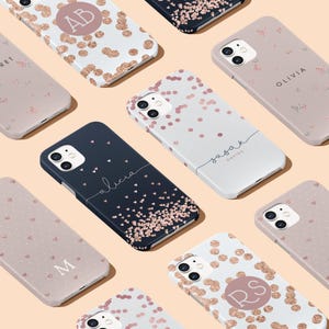 Coque de téléphone personnalisée | Initiales de nom personnalisées pour iPhone 16 15 14 13 12 SE et Samsung S24 S23 S22 S20 coeurs or rose à pois vieux rose pluie