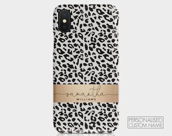 Gepersonaliseerde aangepaste harde telefoonhoes dierenprint luipaardprint gouden initialen naam voor iPhone 15 14 13 12 5 SE 6 7 8 Plus Samsung Galax