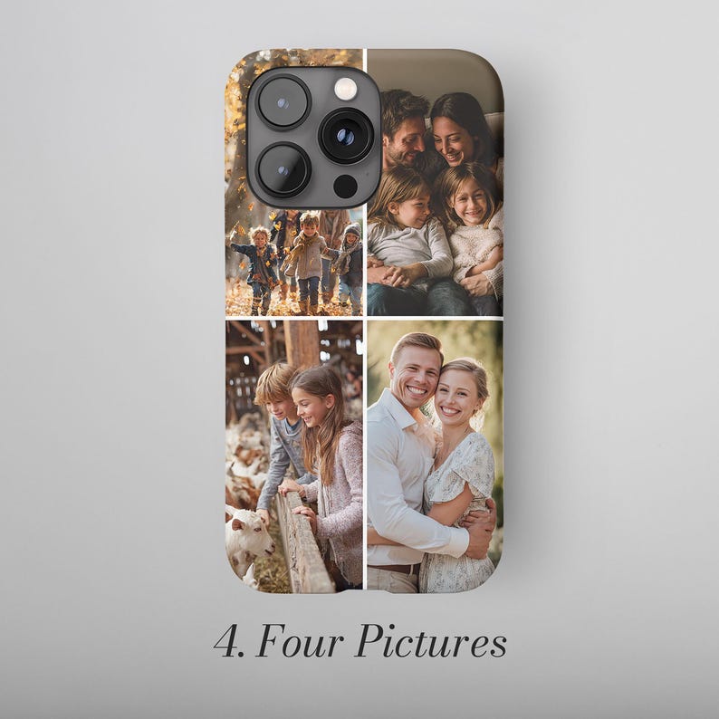 May include: A phone case featuring four family photos. The images are arranged in a grid, showcasing a variety of family moments. The case has a glossy finish and the text "4. Four Pictures" is printed at the bottom.