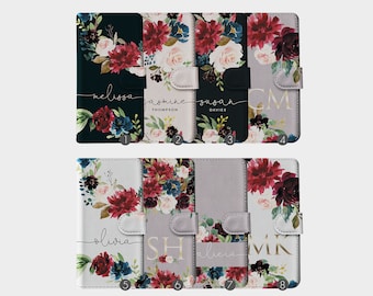 Étui portefeuille personnalisé en cuir avec initiales personnalisées, fleurs roses printanières fraîches, nom minable pour iPhone 15 14 13 12 11 5 SE 6s 8 Xr Samsung