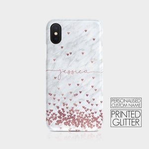 Personalised Initials Custom Hard Phone Case Rose Gold Floating Hearts Marble  for iPhone 15 14 13 12 11 Xs 5s 8 SE Samsung Galaxy S20 S10