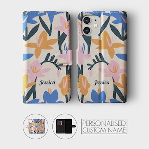 Étui portefeuille personnalisé Tirita à rabat floral personnalisé fleurs rétro modernes pour iPhone 15 14 13 12 11 8 XR SE Samsung Galaxy S20 S10 S9 07- Lilies Pastel