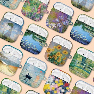 May include: A set of 12 colourful Airpod cases featuring famous paintings. Each case has a different design, including water lilies, sunflowers, and a starry night.