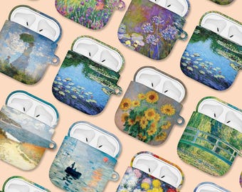 Case for AirPods 4 3 2 1 & AirPods Pro 3 2 1 Hard Cover with Clip Keyring Airpod Famous Paintings Monet Claude Water Lily Pond Sunrise