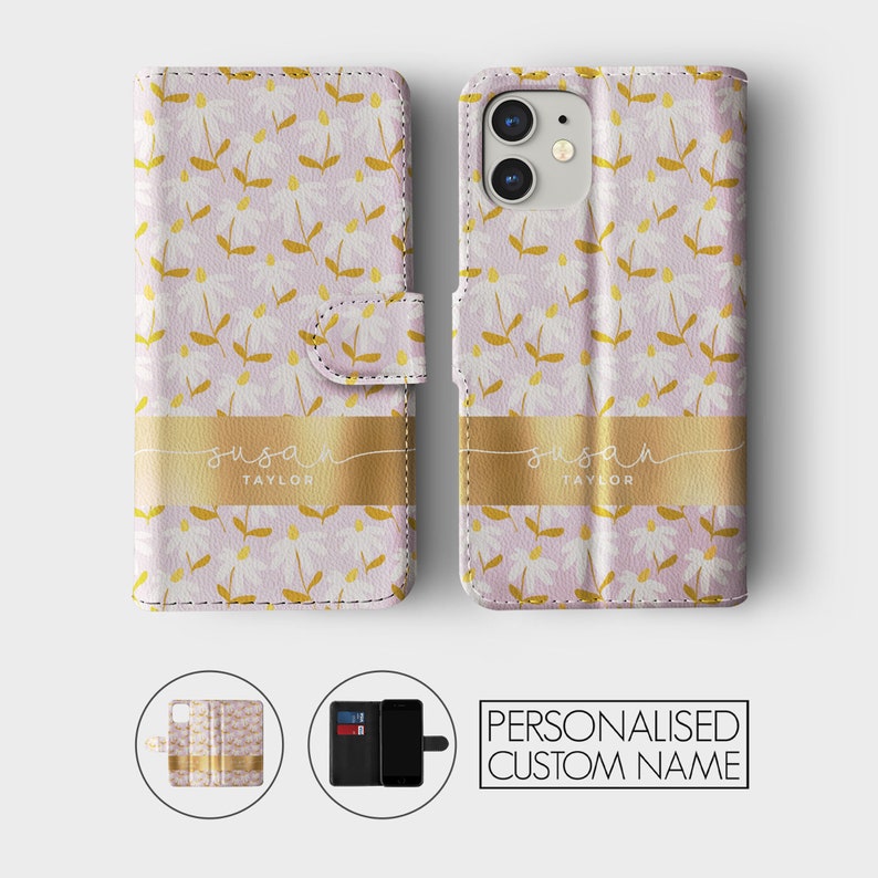 Étui portefeuille personnalisé Tirita pour téléphone portable à rabat floral personnalisé fleurs printanières pastel crayon pour iPhone 15 14 13 12 11 XR SE Samsung Galaxy S20 S10 05- Chamomile Field