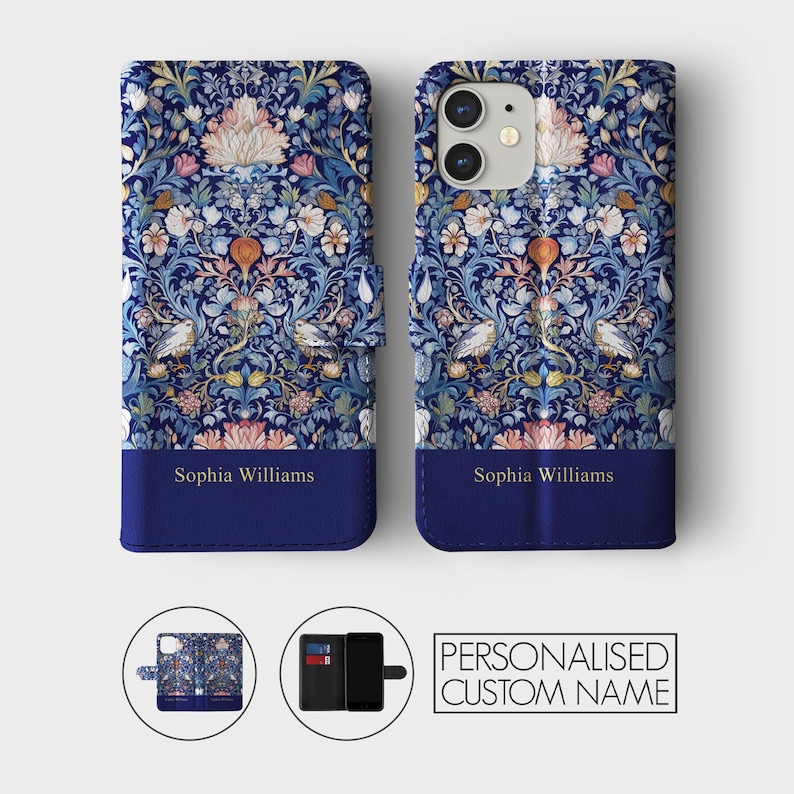 May include: A blue and floral patterned phone case with a flap that folds over the front of the phone. The case has a personalized name, "Sophia Williams", printed in gold lettering on the front flap. The case is shown closed and open, revealing a slot for cards and a pocket for cash.