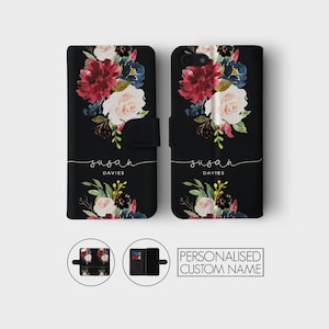 Funda de cuero personalizada para teléfono con billetera personalizada con iniciales doradas y rosas inglesas negras florales para iPhone 16 15 14 13 12 5 SE Xs Max Samsung S23 S22