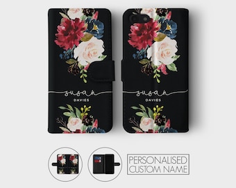 Étui portefeuille personnalisé en cuir, floral noir, roses anglaises, initiales dorées pour iPhone 15 14 13 12 5 SE 6 6s 7 8 Plus X Xr Xs Max