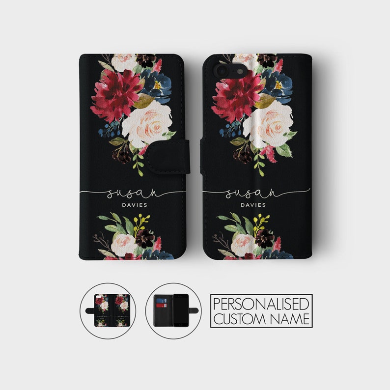 Personalised Custom Wallet Leather Phone Case Floral Black English Roses Gold Initials for iPhone 15 14 13 12 5 SE 6 6s 7 8 Plus X Xr Xs Max image 1