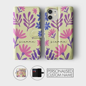 Étui portefeuille personnalisé Tirita pour téléphone portable à rabat floral personnalisé fleurs printanières pastel crayon pour iPhone 15 14 13 12 11 XR SE Samsung Galaxy S20 S10 03- Flowers Purple