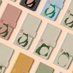 Funda para teléfono tipo billetera para iPhone 16, 15, 14, 13 Pro Max y Samsung S20, S10, con soporte magnético abatible, estampado artístico japonés Hoji Matsumoto Frog Grumpy Zen