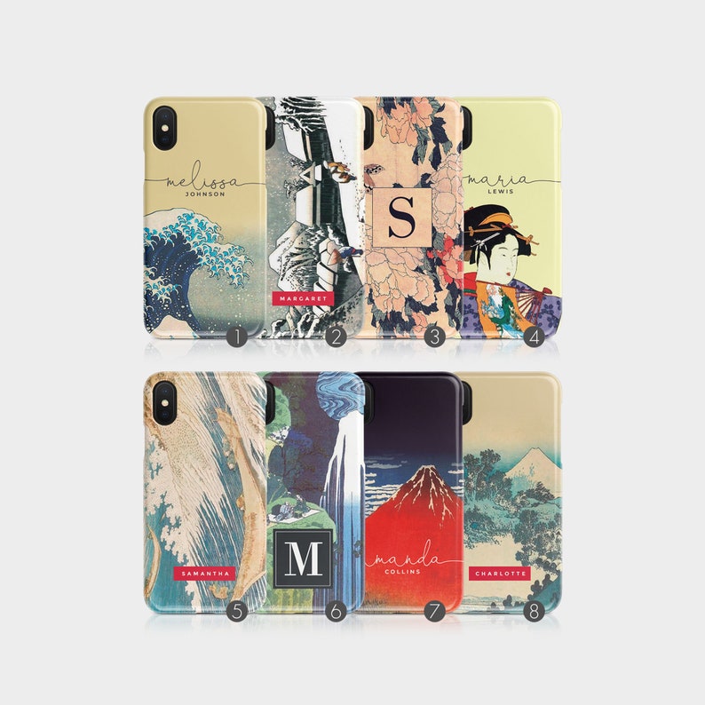 May include: Eight different phone cases with Japanese-inspired designs. The cases feature various images, including a wave, a mountain, a waterfall, and a geisha. Each case has a name and a last name printed on it.