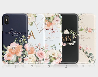 Coque de téléphone personnalisée initiales personnalisées florales fleurs fraîches roses anglaises or pour iPhone 15 14 13 12 11 Xs 5s 8 SE Samsung Galaxy S20 S10