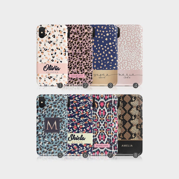 Iniciales personalizadas Caja de teléfono duro personalizado Animal Leopard Cheetah Nombre salvaje para iPhone 15 14 13 12 11 Xs 5s 7 SE 6s Samsung Galaxy S20 S10