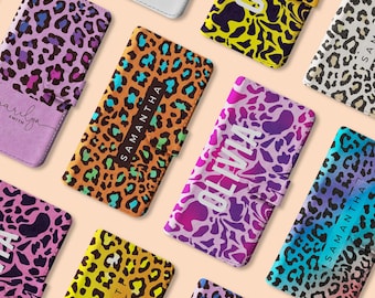 Personalised Wallet Flip Case Custom Animal Print Leopard Tiger Neon Colours for iPhone 17 16 16e 15 14 13 12 Pro Max Samsung S25 S23 S22