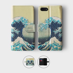 Portefeuille Tirita Étui pour téléphone à rabat en cuir Japon Art Geisha Hokusai Peintures Grande Vague Fuji pour iPhone 15 14 13 12 11 5 SE 8 Xr Samsung 01