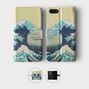 May include: A phone case with a wallet flap, featuring a print of the Great Wave off Kanagawa by Hokusai. The case is beige with a blue and white wave design.