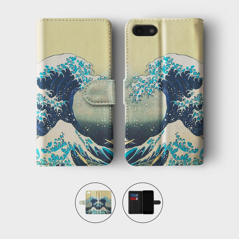 May include: A phone case with a wallet flap, featuring a print of the Great Wave off Kanagawa by Hokusai. The case is beige with a blue and white wave design.