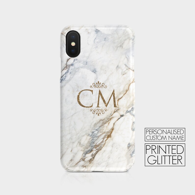 Personalised Initials Custom Hard Phone Case Marble Granite Monogram Glitter Gold Name iPhone 12 5 5s SE 6 6s 7&8 X Xs 11 Samsung Motorola image 2