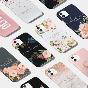 Gepersonaliseerde telefoonhoesje | Aangepaste naam initialen voor iPhone 16 15 14 13 en Samsung S24 S23 S22 S20 bloemen rozen marmer ombre stippen roze monogram