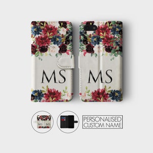 Capa de celular flip personalizada com iniciais personalizadas, rosa inglesa, floral, aquarela para iPhone 15, 14, 13, 12, 11, 5 SE, 6, 6s, 7, 8 Plus, X, Xr, Xs Max