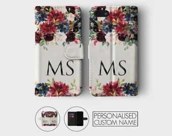 Personalised Initials Custom Wallet Flip Phone Case English Rose Floral Watercolour for iPhone 15 14 13 12 11 5 SE 6 6s 7 8 Plus X Xr Xs Max