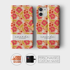 Étui portefeuille personnalisé Tirita pour téléphone portable à rabat floral personnalisé fleurs printanières pastel crayon pour iPhone 15 14 13 12 11 XR SE Samsung Galaxy S20 S10 07- Cute Poppies