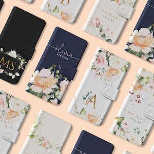 Personalisierte Initialen Custom Brieftasche Leder Handyhülle Frische Blumen Rosen Gold Name für iPhone 16 15 14 13 12 11 5 5s 6 8 Plus Xr Xs Max