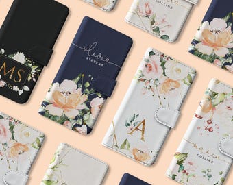 Personalised Initials Custom Wallet Leather Phone Case Fresh Flowers Roses Gold Name for iPhone 16 16e 15 14 13 12 Pro Max Samsung S23 S22