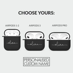 May include: Three black Airpods cases with a white personalized name "olivia" on each case. The cases are for Airpods 1-2, Airpods 3, and Airpods Pro.