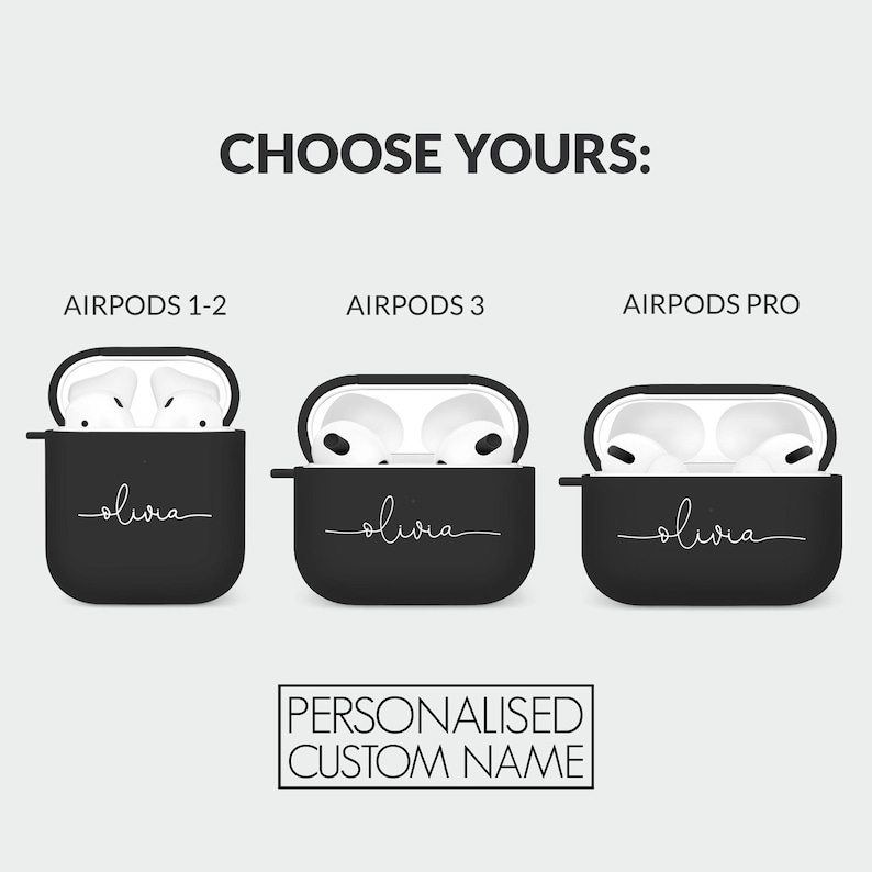 May include: Three black Airpods cases with a white personalized name "olivia" on each case. The cases are for Airpods 1-2, Airpods 3, and Airpods Pro.