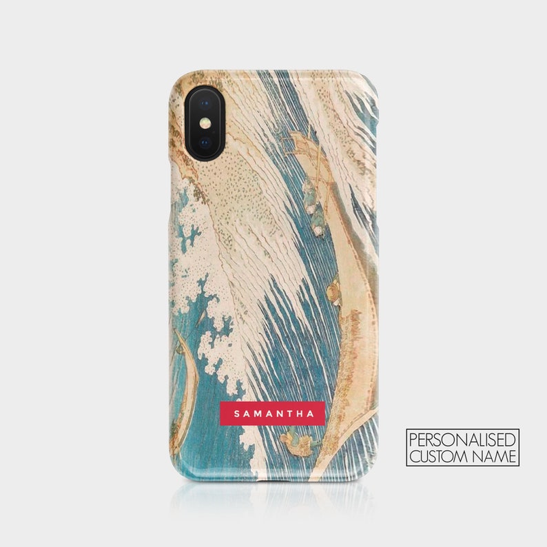 May include: A blue and beige phone case with a wave pattern and the name "SAMANTHA" printed in red. The case is designed for an iPhone.