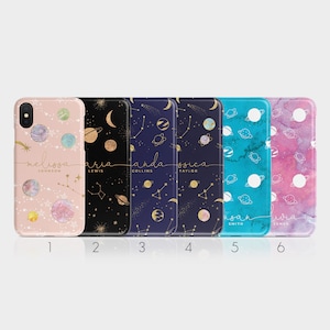 Funda rígida personalizada con iniciales, planetas, espacio celestial, luna, estrellas y purpurina para iPhone 15, 14, 13, 12, 5, SE, 8, XS, XR, Samsung S20