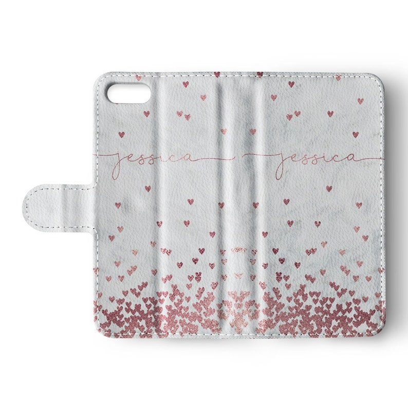 Portefeuille personnalisé personnalisé coque de téléphone en cuir coeurs paillettes marbre or rose pour iPhone 15 14 12 11 5 6 6s 7 8 Plus Xr Xs Max Samsung 10 image 2