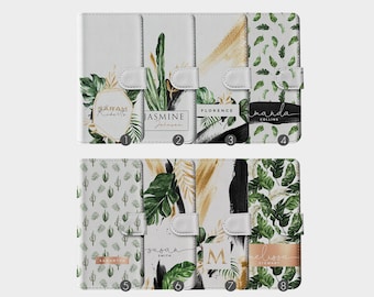 Initiales personnalisées Portefeuille personnalisé Étui pour téléphone à rabat Verdure Plantes tropicales Nom de la feuille pour iPhone 15 14 13 12 5s SE 6 6s 7 8 Plus Xr Xs Max