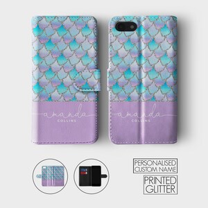 Personalised Initials Custom Wallet Leather Phone Case Mermaid Scales Glitter Sea for iPhone 15 14 13 12 11 5 SE 6 6s 7 8 Plus X Xr Xs Max 06