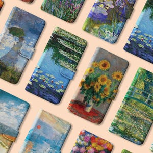 Étui portefeuille Monet pour iPhone 16 15 14 13 12 Pro Max et Samsung S20 S10 | Couverture magnétique à rabat, peintures célèbres, nénuphar, jardin, lever du soleil
