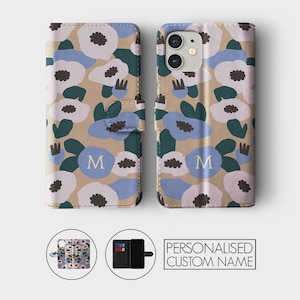 Étui portefeuille personnalisé Tirita à rabat floral personnalisé fleurs rétro modernes pour iPhone 15 14 13 12 11 8 XR SE Samsung Galaxy S20 S10 S9 09- Poppy Flowers