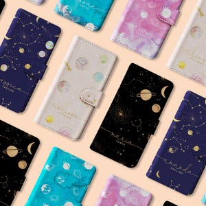 Funda de teléfono personalizada con iniciales personalizadas, diseño de planetas celestiales, luna y estrellas, para iPhone 16, 15, 14, 13, 12, 5, SE, 8, XS, Samsung S23, S22