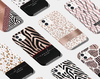 Gepersonaliseerde telefoonhoesje | Aangepaste naam initialen voor iPhone 17 16 15 14 13 12 en Samsung S25 S24 S23 Animal Print Luipaard Tijger Cheetah Zebra