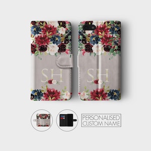 Personalised Initials Custom Wallet Flip Phone Case Floral Shabby Chic Flowers For iPhone 16 16e 15 14 13 12 11 Pro Max & Samsung S23 S22