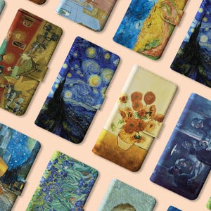 Étui portefeuille Van Gogh pour iPhone 16 15 14 13 12 Pro Max Samsung S23 S22 | Support magnétique à rabat pour peintures célèbres, tournesols, nuit étoilée