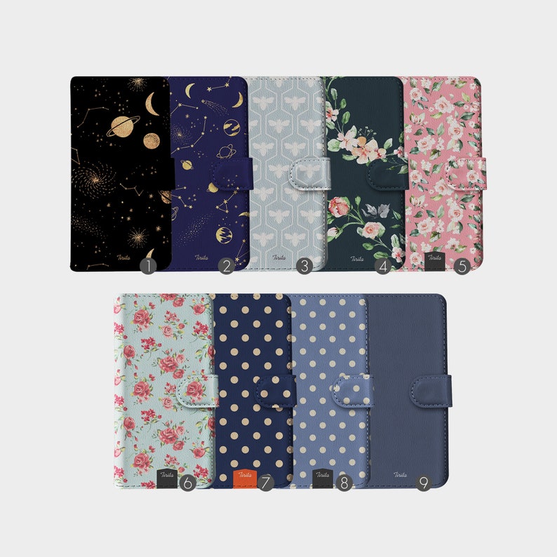 Tirita Brieftasche Flip Handyhülle Blumen Rosen Daises Space Mond Sterne Planeten Bienen Polka Dot für iPhone 15 14 13 12 11 6 7 XR SE Samsung Bild 1