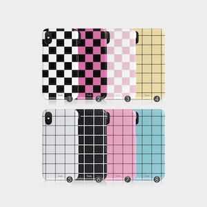 May include: Eight different phone cases with checkered and grid patterns. The cases are in black and white, pink and black, pink and white, yellow and white, white and black, black, pink, and blue.