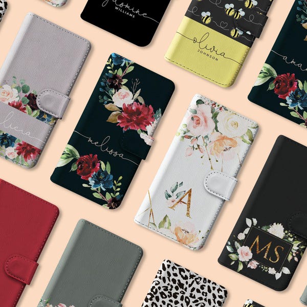Personalised Wallet Flip Case Custom Flowers Ombre Print Honey Bees Monogram Name for iPhone 17 16 15 14 13 12 Pro Max Plus Samsung S23 S25